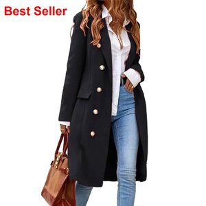 Long Wool Blend Pea Coat with Notch Collar Double Breasted Knee Length